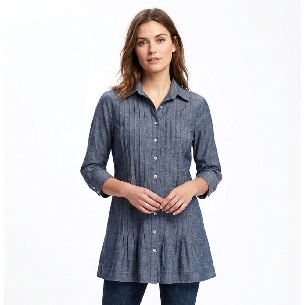 Finley Tunic Top Shirt Size Small Chambray 3/4 Sleeve Pintuck Cotton Coastal USA